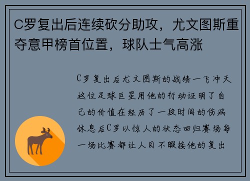 C罗复出后连续砍分助攻，尤文图斯重夺意甲榜首位置，球队士气高涨