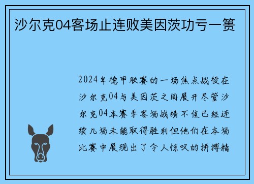 沙尔克04客场止连败美因茨功亏一篑