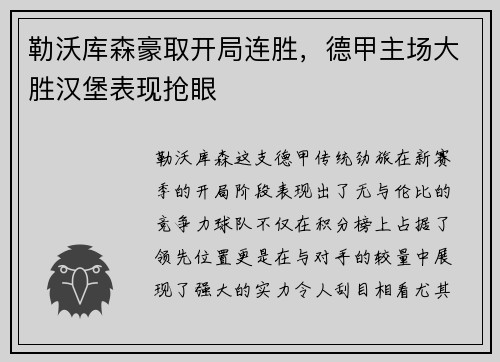 勒沃库森豪取开局连胜，德甲主场大胜汉堡表现抢眼